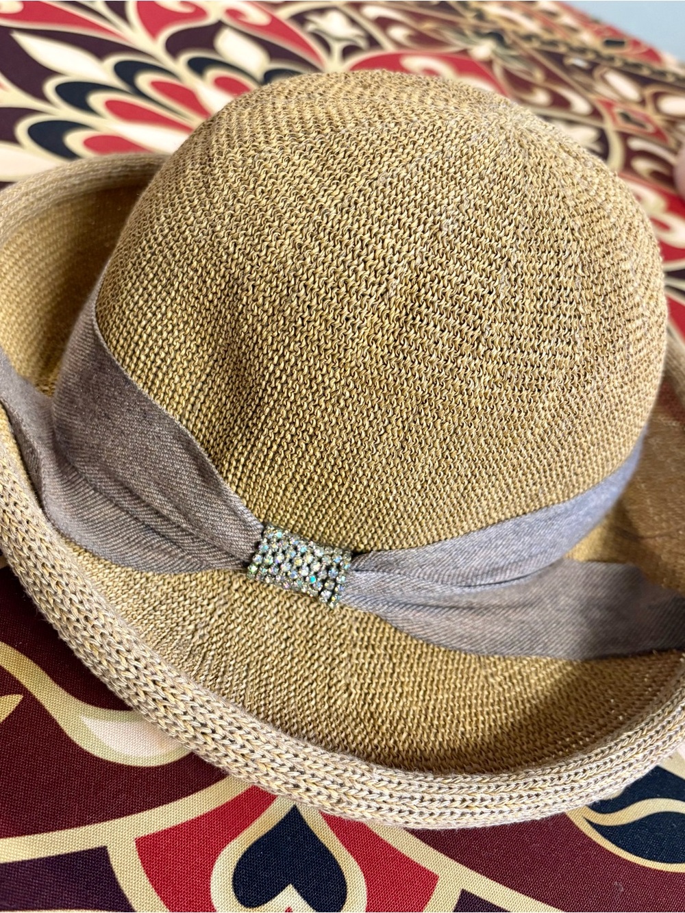 Women’s Beige Straw Sun Hat with Taupe Ribbon and Rhinestone Accent